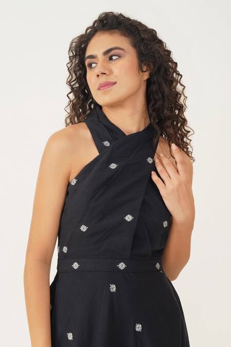 Buy Indigo Dreams Black Cotton Embroidery Halter Neck Meadow Handwoven Jamdani Maxi Dress Buy_Indigo Dreams_Black Cotton Embroidery Halter Neck Meadow Handwoven Jamdani Maxi Dress