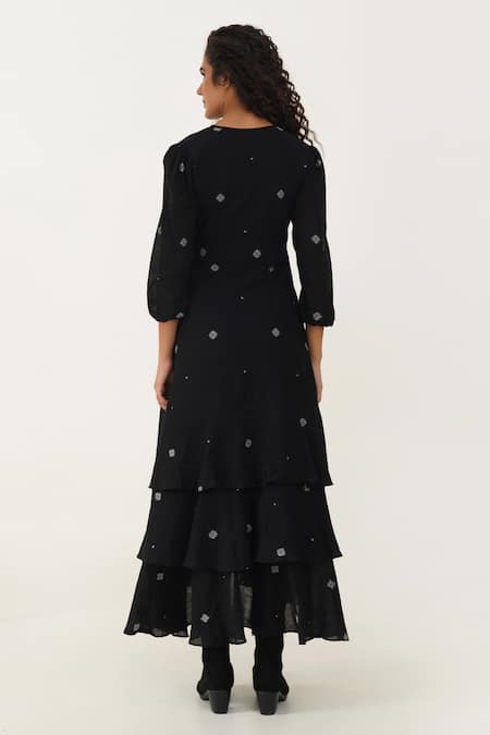 Shop_Indigo Dreams_Black 100% Cotton Hand Woven Circular Jamdani V-neck Oak Wrap Dress _at_Aza_Fashions