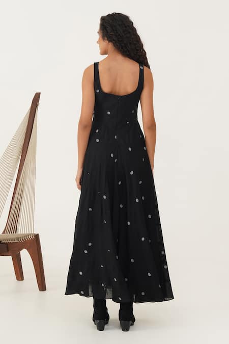 Shop Indigo Dreams Black Cotton Square Neck Olivia Jamdani A-line Dress at Aza Fashions Shop_Indigo Dreams_Black Cotton Square Neck Olivia Jamdani A-line Dress _at_Aza_Fashions