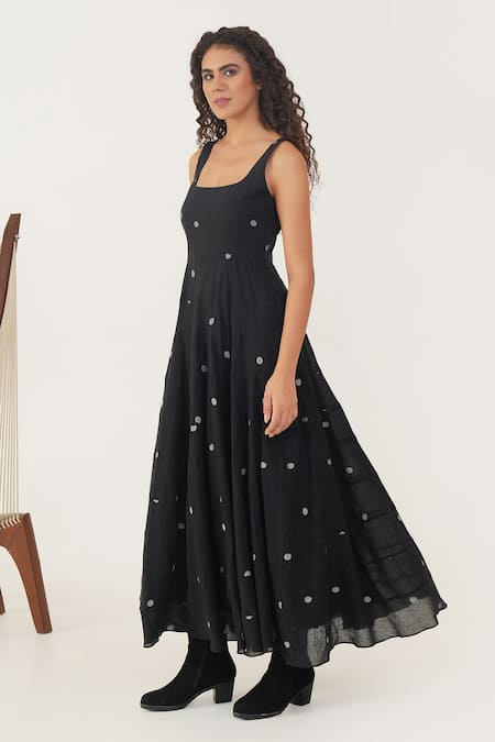Indigo Dreams Black Cotton Square Neck Olivia Jamdani A-line Dress Online at Aza Fashions Indigo Dreams_Black Cotton Square Neck Olivia Jamdani A-line Dress _Online_at_Aza_Fashions