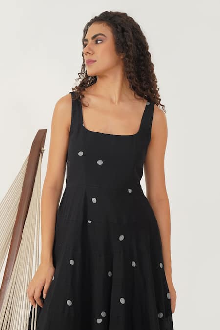 Buy Indigo Dreams Black Cotton Square Neck Olivia Jamdani A-line Dress Online at Aza Fashions Buy_Indigo Dreams_Black Cotton Square Neck Olivia Jamdani A-line Dress _Online_at_Aza_Fashions