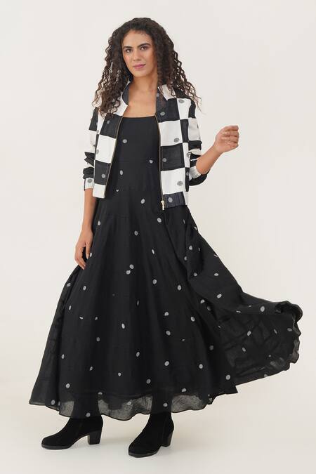 Indigo Dreams_Black 100% Cotton Hand Woven Circular Jamdani Olivia Dress With Bomber Jacket _Online_at_Aza_Fashions