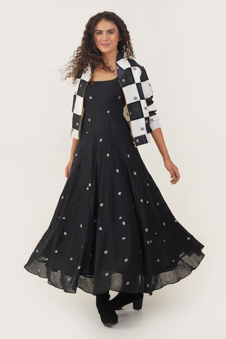 Buy_Indigo Dreams_Black 100% Cotton Hand Woven Circular Jamdani Olivia Dress With Bomber Jacket _Online_at_Aza_Fashions