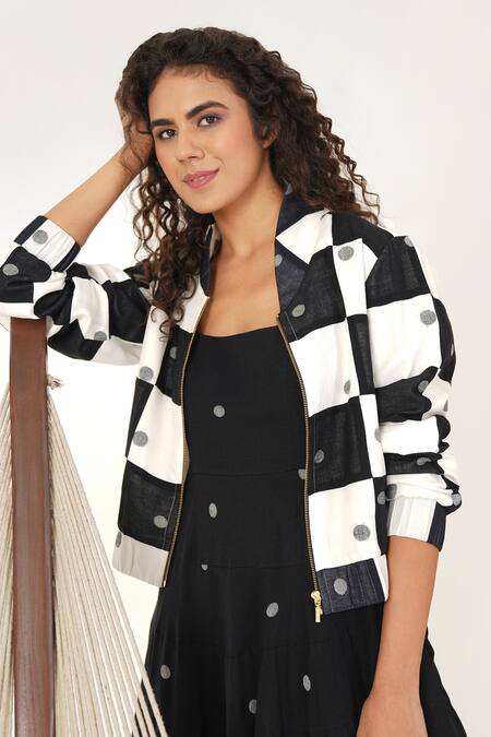 Shop_Indigo Dreams_Black 100% Cotton Hand Woven Circular Jamdani Olivia Dress With Bomber Jacket _Online_at_Aza_Fashions