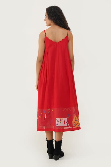Shop Indigo Dreams Red Cotton Scoop Neck Poppy Handwoven Jamdani Dress at Aza Fashions Shop_Indigo Dreams_Red Cotton Scoop Neck Poppy Handwoven Jamdani Dress _at_Aza_Fashions