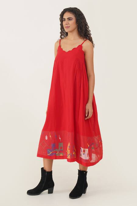Indigo Dreams Red Cotton Scoop Neck Poppy Handwoven Jamdani Dress Online at Aza Fashions Indigo Dreams_Red Cotton Scoop Neck Poppy Handwoven Jamdani Dress _Online_at_Aza_Fashions
