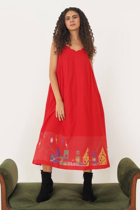 Shop Indigo Dreams Red Cotton Scoop Neck Poppy Handwoven Jamdani Dress Online at Aza Fashions Shop_Indigo Dreams_Red Cotton Scoop Neck Poppy Handwoven Jamdani Dress _Online_at_Aza_Fashions