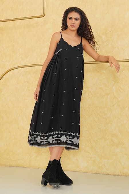 Indigo Dreams Black 100% Cotton Hand Woven Geometric Jamdani Scallop Sahara Dress 