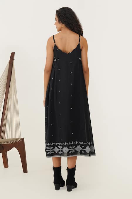 Shop_Indigo Dreams_Black Cotton Scoop Neck Sahara Handwoven Jamdani Dress _at_Aza_Fashions