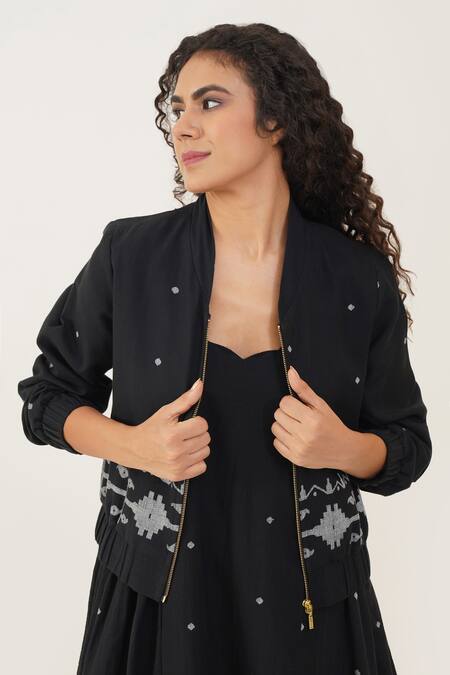Shop Indigo Dreams Black 100% Cotton Hand Woven Geometric Jamdani Sahara Bomber Jacket With Dress Online at Aza Fashions Shop_Indigo Dreams_Black 100% Cotton Hand Woven Geometric Jamdani Sahara Bomber Jacket With Dress _Online_at_Aza_Fashions