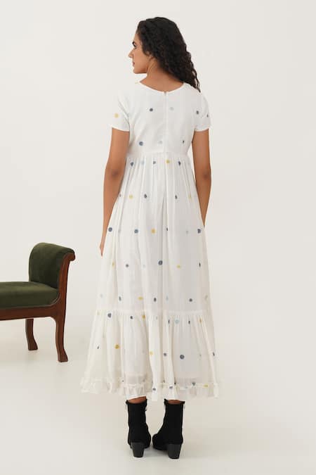 Shop_Indigo Dreams_White Cotton V-neck Acacia Handwoven Jamdani Dress _at_Aza_Fashions