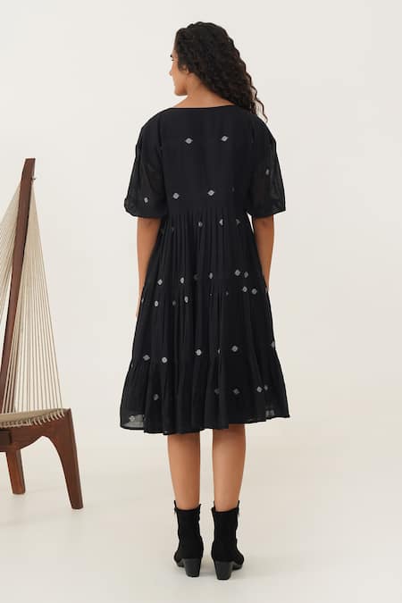 Shop_Indigo Dreams_Black Cotton V-neck Cierra Handwoven Jamdani Dress _at_Aza_Fashions
