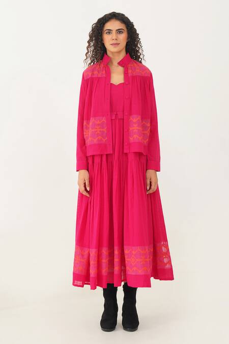 Indigo Dreams Pink Cotton Embroidery Scoop Neck, Bandeau Handwoven Jamdani Dress And Jacket Set Online at Aza Fashions Indigo Dreams_Pink Cotton Embroidery Scoop Neck, Bandeau Handwoven Jamdani Dress And Jacket Set _Online_at_Aza_Fashions