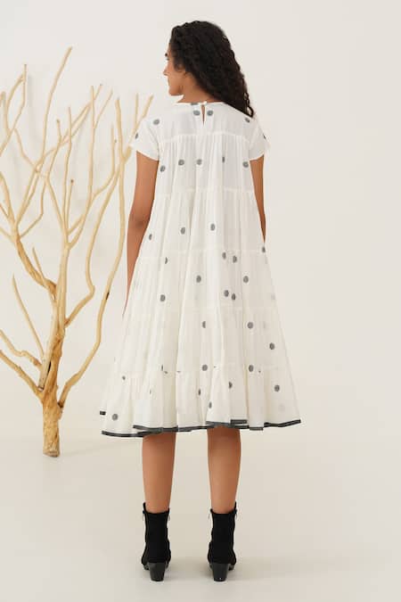 Shop_Indigo Dreams_White Cotton Round Neck Iris Handwoven Jamdani Dress _at_Aza_Fashions