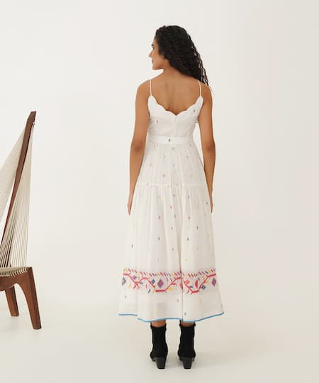 Shop_Indigo Dreams_Ivory Cotton Embroidery Scoop Neck Kora Handwoven Jamdani Dress With Belt _at_Aza_Fashions