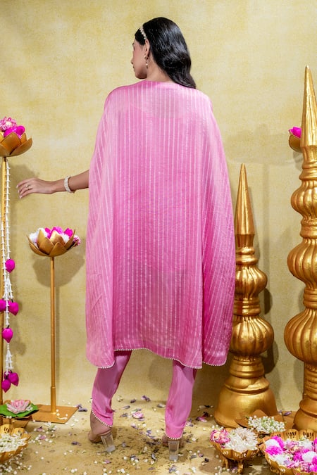 Shop Sheela Suthar Pink Silk, Crepe Embroidery Lotus Zardosi Asymmetric Cape And Tulip Pant Set at Aza Fashions Shop_Sheela Suthar_Pink Silk, Crepe Embroidery Lotus Zardosi Asymmetric Cape And Tulip Pant Set _at_Aza_Fashions
