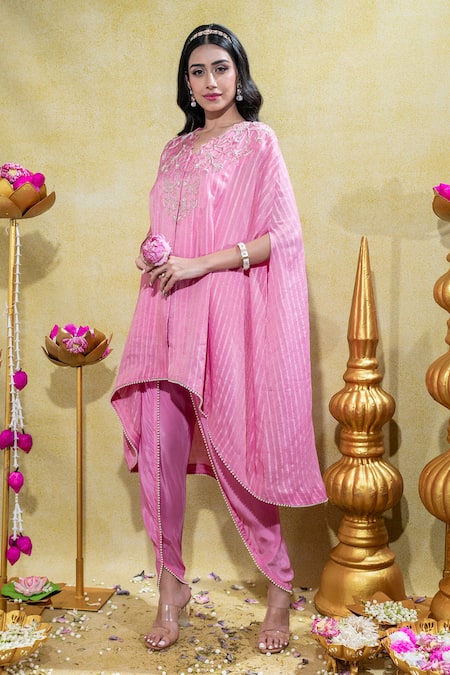 Buy Sheela Suthar Pink Silk, Crepe Embroidery Lotus Zardosi Asymmetric Cape And Tulip Pant Set Online at Aza Fashions Buy_Sheela Suthar_Pink Silk, Crepe Embroidery Lotus Zardosi Asymmetric Cape And Tulip Pant Set _Online_at_Aza_Fashions