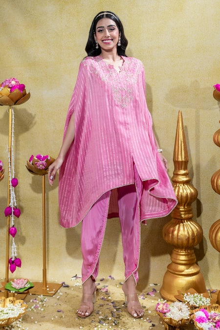 Shop Sheela Suthar Pink Silk, Crepe Embroidery Lotus Zardosi Asymmetric Cape And Tulip Pant Set Online at Aza Fashions Shop_Sheela Suthar_Pink Silk, Crepe Embroidery Lotus Zardosi Asymmetric Cape And Tulip Pant Set _Online_at_Aza_Fashions