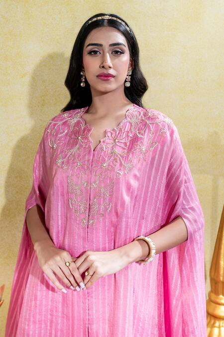 Sheela Suthar Pink Silk, Crepe Embroidery Lotus Zardosi Asymmetric Cape And Tulip Pant Set at Aza Fashions Sheela Suthar_Pink Silk, Crepe Embroidery Lotus Zardosi Asymmetric Cape And Tulip Pant Set _at_Aza_Fashions