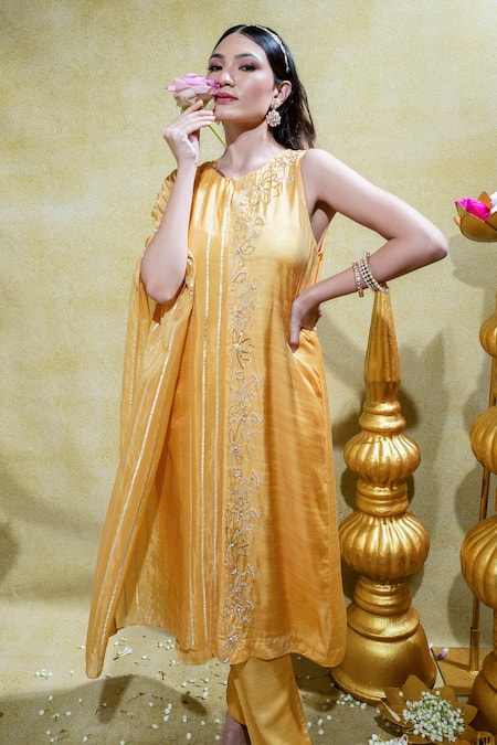 Sheela Suthar Yellow Silk, Organza Zari, Embroidery Lotus Zardosi Asymmetric Kurta And Pant Set Online at Aza Fashions Sheela Suthar_Yellow Silk, Organza Zari, Embroidery Lotus Zardosi Asymmetric Kurta And Pant Set _Online_at_Aza_Fashions