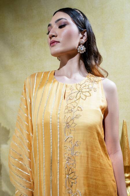 Buy Sheela Suthar Yellow Silk, Organza Zari, Embroidery Lotus Zardosi Asymmetric Kurta And Pant Set Online at Aza Fashions Buy_Sheela Suthar_Yellow Silk, Organza Zari, Embroidery Lotus Zardosi Asymmetric Kurta And Pant Set _Online_at_Aza_Fashions