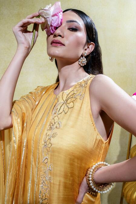 Shop Sheela Suthar Yellow Silk, Organza Zari, Embroidery Lotus Zardosi Asymmetric Kurta And Pant Set Online at Aza Fashions Shop_Sheela Suthar_Yellow Silk, Organza Zari, Embroidery Lotus Zardosi Asymmetric Kurta And Pant Set _Online_at_Aza_Fashions