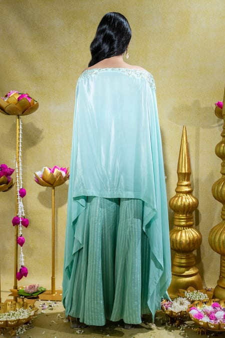 Shop Sheela Suthar Sky Blue Silk, Crepe Pearls Lotus Zardosi Embroidered Cape And Flared Pant Set at Aza Fashions Shop_Sheela Suthar_Sky Blue Silk, Crepe Pearls Lotus Zardosi Embroidered Cape And Flared Pant Set _at_Aza_Fashions