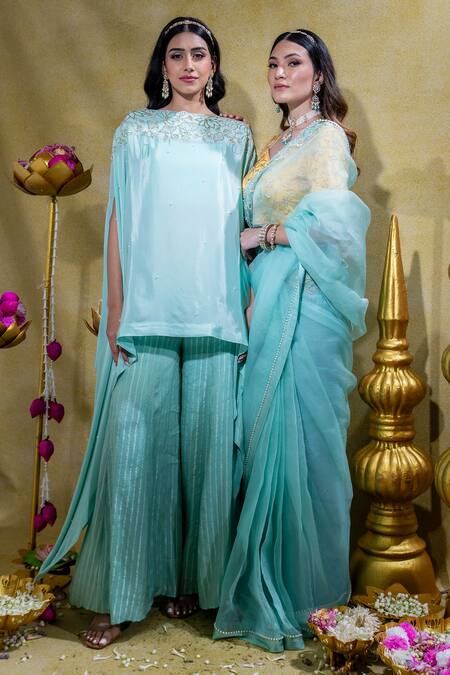 Sheela Suthar Sky Blue Silk, Crepe Pearls Lotus Zardosi Embroidered Cape And Flared Pant Set Online at Aza Fashions Sheela Suthar_Sky Blue Silk, Crepe Pearls Lotus Zardosi Embroidered Cape And Flared Pant Set _Online_at_Aza_Fashions