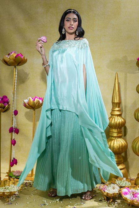Shop Sheela Suthar Sky Blue Silk, Crepe Pearls Lotus Zardosi Embroidered Cape And Flared Pant Set Online at Aza Fashions Shop_Sheela Suthar_Sky Blue Silk, Crepe Pearls Lotus Zardosi Embroidered Cape And Flared Pant Set _Online_at_Aza_Fashions