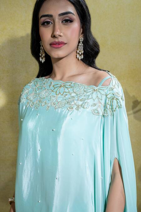 Sheela Suthar Sky Blue Silk, Crepe Pearls Lotus Zardosi Embroidered Cape And Flared Pant Set at Aza Fashions Sheela Suthar_Sky Blue Silk, Crepe Pearls Lotus Zardosi Embroidered Cape And Flared Pant Set _at_Aza_Fashions