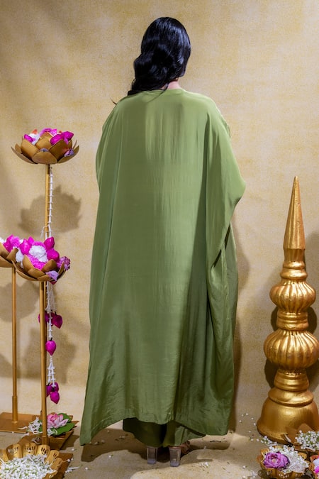 Shop Sheela Suthar Green Crepe Pearls Round Neck Lotus Zardosi Embroidered Kaftan With Pant at Aza Fashions Shop_Sheela Suthar_Green Crepe Pearls Round Neck Lotus Zardosi Embroidered Kaftan With Pant _at_Aza_Fashions