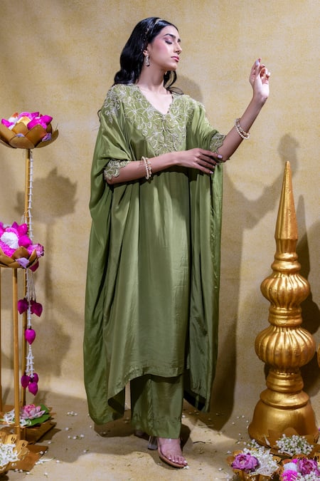 Buy Sheela Suthar Green Crepe Pearls Round Neck Lotus Zardosi Embroidered Kaftan With Pant Online at Aza Fashions Buy_Sheela Suthar_Green Crepe Pearls Round Neck Lotus Zardosi Embroidered Kaftan With Pant _Online_at_Aza_Fashions