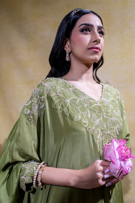Shop Sheela Suthar Green Crepe Pearls Round Neck Lotus Zardosi Embroidered Kaftan With Pant Online at Aza Fashions Shop_Sheela Suthar_Green Crepe Pearls Round Neck Lotus Zardosi Embroidered Kaftan With Pant _Online_at_Aza_Fashions