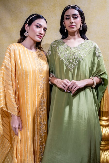 Sheela Suthar Green Crepe Pearls Round Neck Lotus Zardosi Embroidered Kaftan With Pant at Aza Fashions Sheela Suthar_Green Crepe Pearls Round Neck Lotus Zardosi Embroidered Kaftan With Pant _at_Aza_Fashions