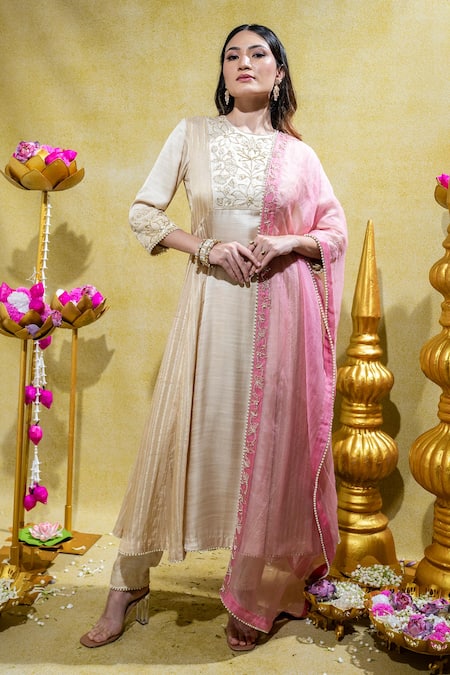 Sheela Suthar Lotus Zardosi Embroidered A-Line Kurta & Pant Set 