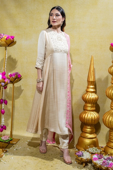 Shop_Sheela Suthar_Ivory Organza, Lotus Zardosi Embroidered A-line Kurta And Pant Set _Online_at_Aza_Fashions