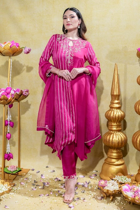Sheela Suthar_Pink Organza, Satin, Pearls, Lotus Asymmetric Kurta And Pant Set _Online_at_Aza_Fashions