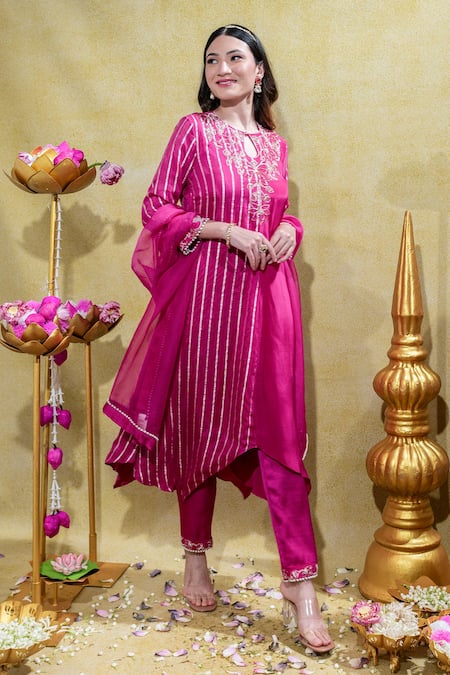 Buy_Sheela Suthar_Pink Organza, Satin, Pearls, Lotus Asymmetric Kurta And Pant Set _Online_at_Aza_Fashions