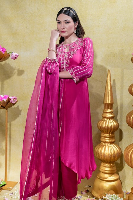 Shop_Sheela Suthar_Pink Organza, Satin, Pearls, Lotus Asymmetric Kurta And Pant Set _Online_at_Aza_Fashions