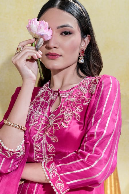 Sheela Suthar_Pink Organza, Satin, Pearls, Lotus Asymmetric Kurta And Pant Set _at_Aza_Fashions