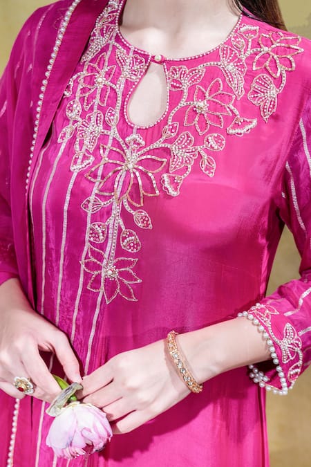 Buy_Sheela Suthar_Pink Organza, Satin, Pearls, Lotus Asymmetric Kurta And Pant Set 