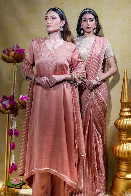 Buy_Sheela Suthar_Peach Organza, Satin, Lotus Zardosi Asymmetric Kurta And Dupatta Set _Online_at_Aza_Fashions