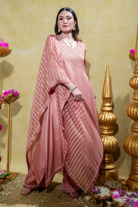 Sheela Suthar_Peach Organza, Satin, Lotus Zardosi Asymmetric Kurta And Dupatta Set _at_Aza_Fashions