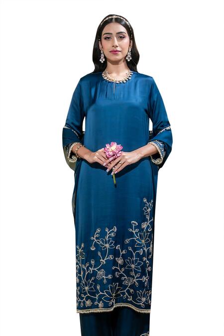 Buy_Sheela Suthar_Blue Organza, Satin, Linen Lotus Zardosi Straight Kurta And Pant Set _Online_at_Aza_Fashions