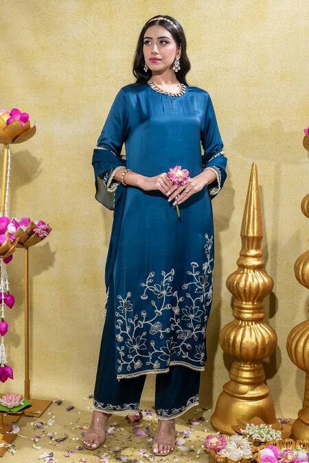 Shop_Sheela Suthar_Blue Organza, Satin, Linen Lotus Zardosi Straight Kurta And Pant Set _Online_at_Aza_Fashions