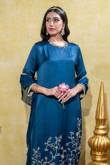 Sheela Suthar_Blue Organza, Satin, Linen Lotus Zardosi Straight Kurta And Pant Set _at_Aza_Fashions