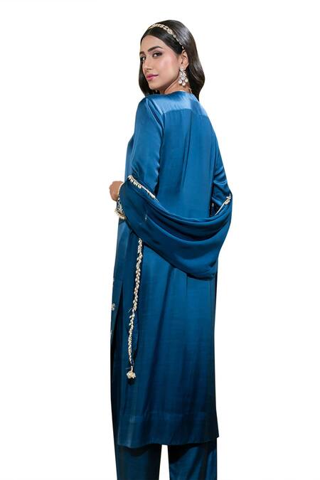 Buy_Sheela Suthar_Blue Organza, Satin, Linen Lotus Zardosi Straight Kurta And Pant Set 