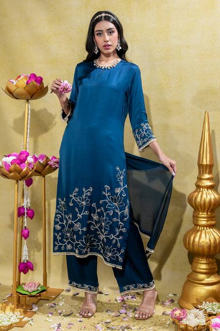 Shop_Sheela Suthar_Blue Organza, Satin, Linen Lotus Zardosi Straight Kurta And Pant Set 