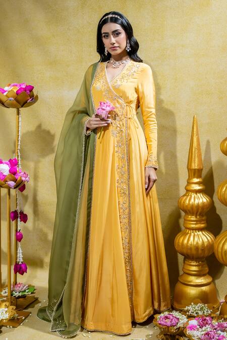 Buy_Sheela Suthar_Yellow Organza, Satin Pearls, Lotus Zardosi Angarkha With Dupatta _Online_at_Aza_Fashions