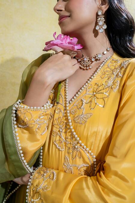 Shop_Sheela Suthar_Yellow Organza, Satin Pearls, Lotus Zardosi Angarkha With Dupatta _Online_at_Aza_Fashions
